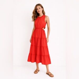 Red tiered sleeveless midi dress with side cut outs